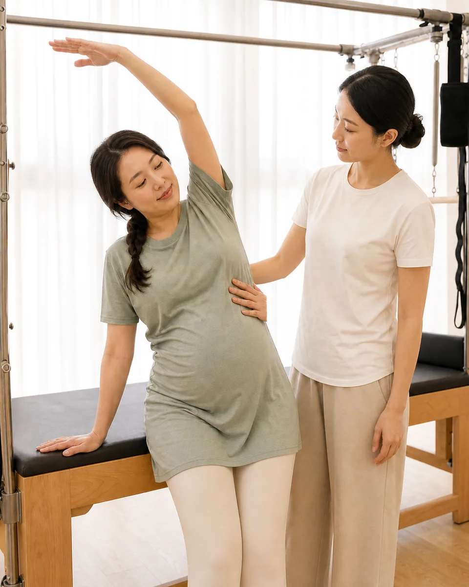 캐딜락 테이블에 앉아 한 팔을 올려 옆으로 스트레칭하는 임산부 회원의 갈비뼈를 강사가 손으로 가볍게 받쳐주는 장면